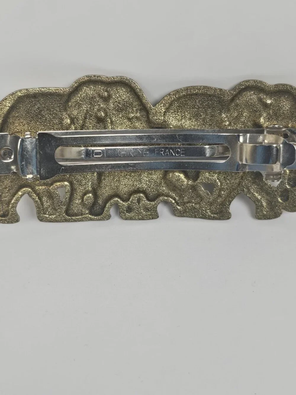 Vtg Karina France Elephant Family Hair Clip Barrette Antiqued Gold Tone Metal